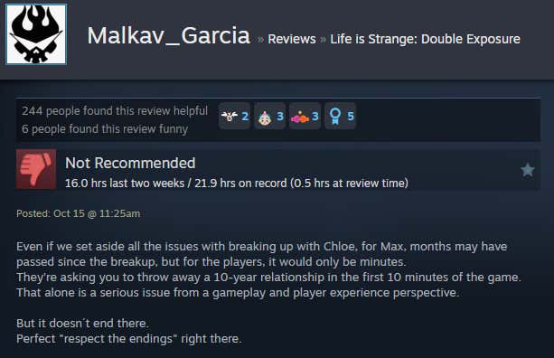 Screenshot showing a Steam review for Life is Strange: Double Exposure.